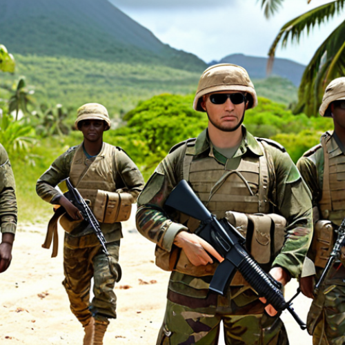 Comorian soldiers in training, showcasing international cooperation with French military advisors, modern camouflage uniforms, tropical island background.