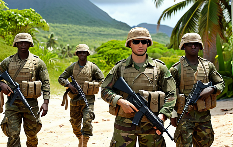 Comorian soldiers in training, showcasing international cooperation with French military advisors, modern camouflage uniforms, tropical island background.